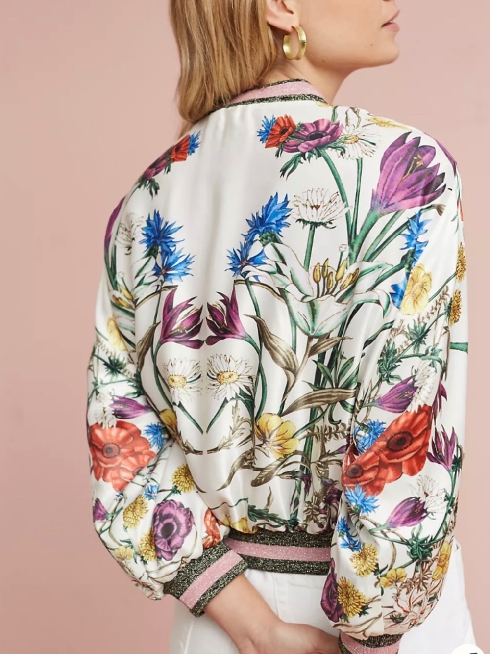 ANTHROPOLOGIE ELEVENSES Rubie White Floral Bomber Jacket Zip Up Size L - Picture 11 of 11